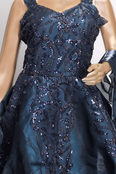 Dark Blue Frilled Gown With Heavy Embellished Front Yoke And Frilled Dupatta — view 4 of 4