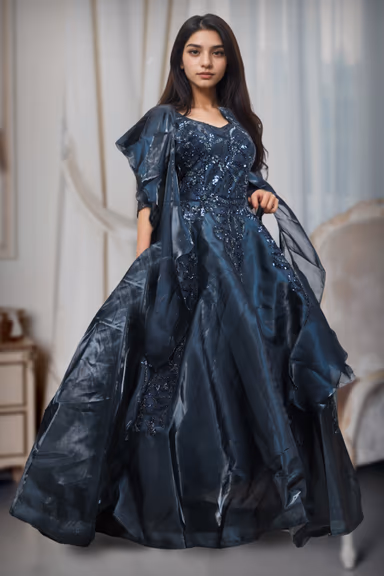 Dark Blue Frilled Gown With Heavy Embellished Front Yoke And Frilled Dupatta — view 3 of 4