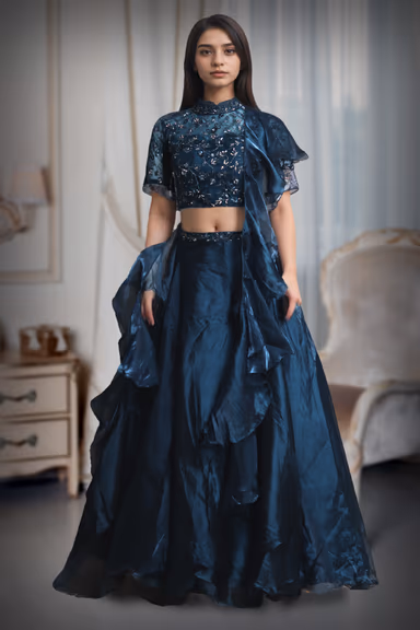 Dark Blue Frilled Lehenga With Stone Worked Crop Top Along With Frilled Dupatta — view 2 of 4