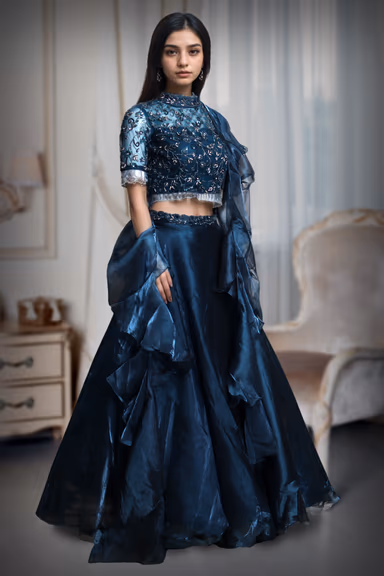 Dark Blue Frilled Lehenga With Stone Worked Crop Top Along With Frilled Dupatta — view 3 of 4