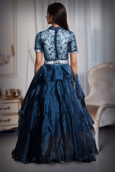 Dark Blue Frilled Lehenga With Stone Worked Crop Top Along With Frilled Dupatta — view 4 of 4