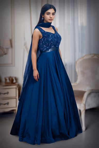 Dark Blue Pre Wedding Gown With Stone Work Details In Yoke Portion And Transparent Waist Line Details — view 1 of 2