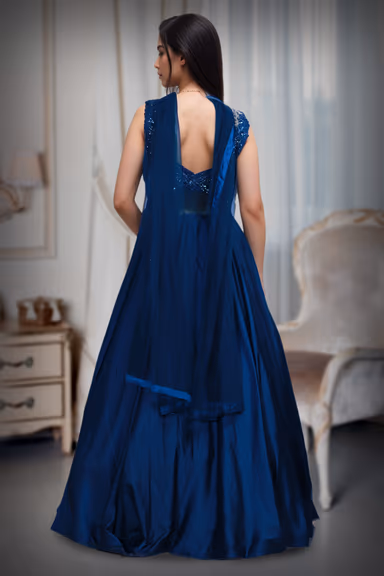 Dark Blue Pre Wedding Gown With Stone Work Details In Yoke Portion And Transparent Waist Line Details — view 2 of 2