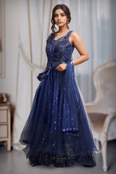 Dark Blue Net Gown With Self Textured Embellishments In Front Yoke Along With Transparent Waist Details — view 3 of 4