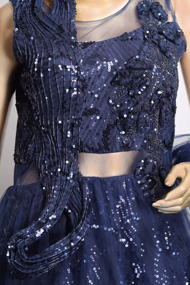 Dark Blue Net Gown With Self Textured Embellishments In Front Yoke Along With Transparent Waist Details — view 4 of 4