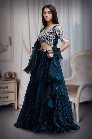 Dark Teal Blue Frilled Pre Wedding Lehenga With Stone Work Detailed Crop Top And Frilled Dupatta — view 3 of 3