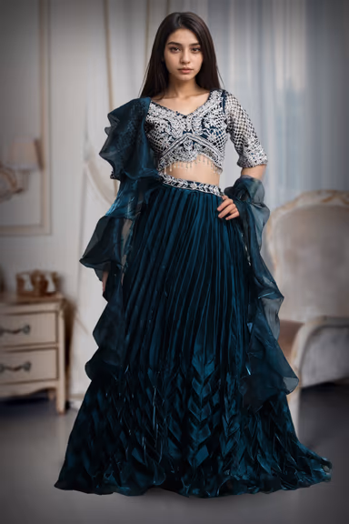 Dark Teal Blue Frilled Pre Wedding Lehenga With Stone Work Detailed Crop Top And Frilled Dupatta — view 2 of 3