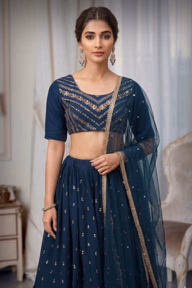 Deep Blue Georgette Flared Lehenga With Heavy Embellished Blouse And Net Dupatta — view 1 of 2