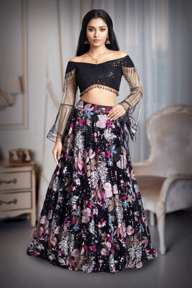 Black Pre Wedding Lehenga With Floral Embellishment All over the Skirt — view 2 of 2