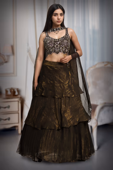Pine Green Multilayered Pre Wedding Lehenga With Same Color Dupatta — view 2 of 3