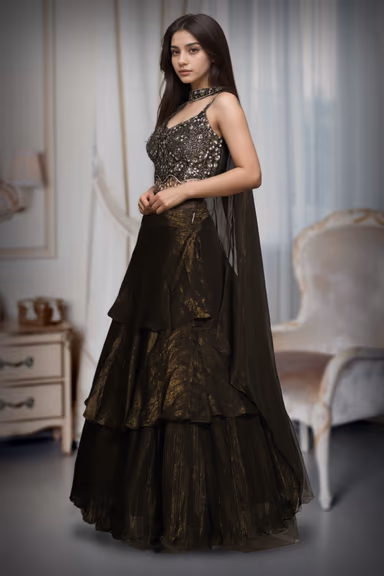 Pine Green Multilayered Pre Wedding Lehenga With Same Color Dupatta — view 3 of 3