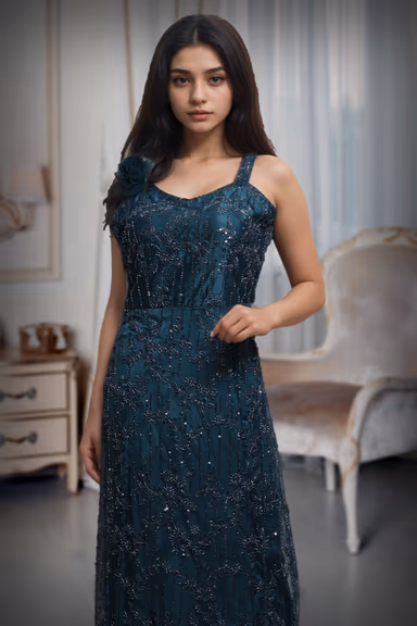 Teal Blue Intricate Sequin Detailed Mermaid Cut Pre Wedding Gown — view 1 of 2