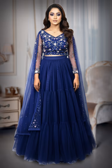 Stunning Tiered Royal Blue Tulle Lehenga Skirt And Embroidered Blouse With Matching Sheer Dupatta Perfect For… — view 2 of 4
