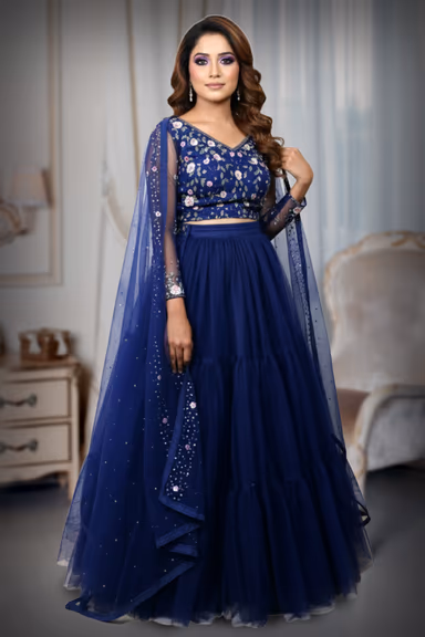 Stunning Tiered Royal Blue Tulle Lehenga Skirt And Embroidered Blouse With Matching Sheer Dupatta Perfect For… — view 3 of 4
