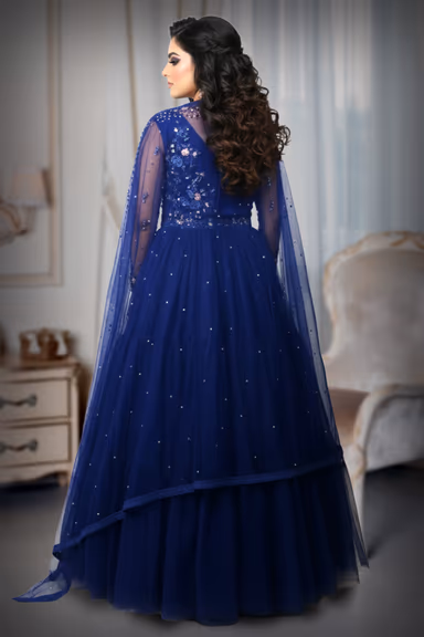 Stunning Tiered Royal Blue Tulle Lehenga Skirt And Embroidered Blouse With Matching Sheer Dupatta Perfect For… — view 4 of 4