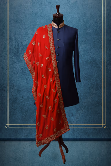 Bright Red And Golden Motif Embellished Grooms Shawl — view 1 of 2