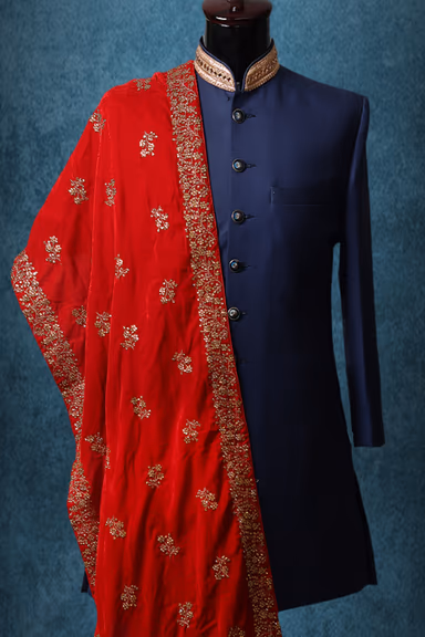 Bright Red And Golden Motif Embellished Grooms Shawl — view 2 of 2