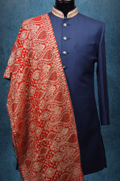 Bright Red And Golden Heavy Threadworked Velvet Grooms Shawl — view 2 of 2