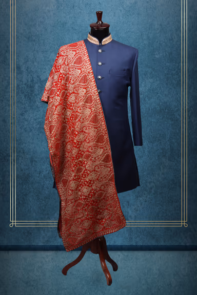 Bright Red And Golden Heavy Threadworked Velvet Grooms Shawl — view 1 of 2