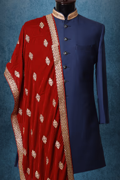 Cherry Red Classic Grooms Shawl With Golden Motif Details — view 2 of 2