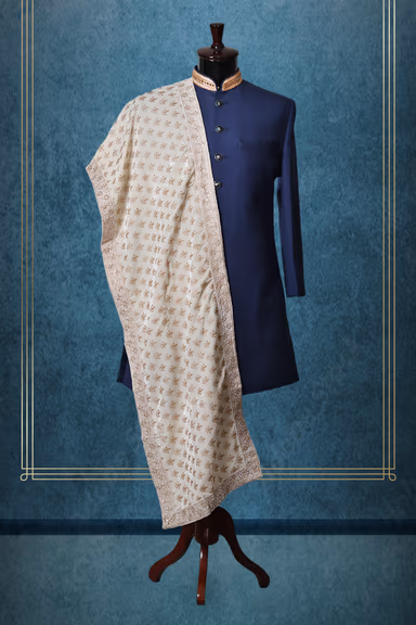 Ivory White Elegant Grooms Shawl With Golden Threadwork Details — view 1 of 2