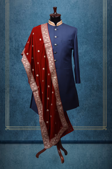 Maroon Grooms Shawl With Exquisite Golden Border Detailing And Golden Polka Dots — view 1 of 2