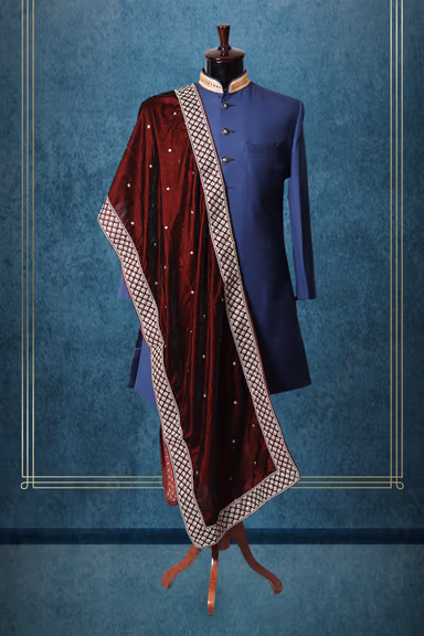 Maroon Elegant Grooms Shawl With Threadworked Border Detailing — view 1 of 2