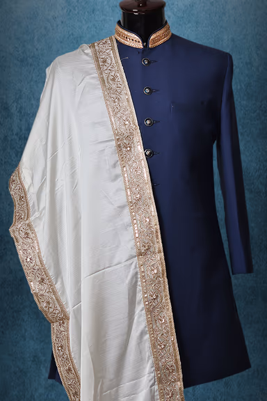Pearl White Minimal Grooms Shawl With Golden Border Details — view 2 of 2