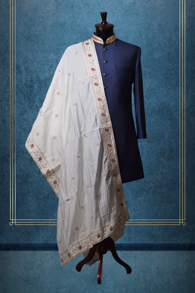 White Minimal Threadworked Grooms Shawl With Golden Details — view 1 of 2
