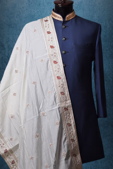 White Minimal Threadworked Grooms Shawl With Golden Details — view 2 of 2