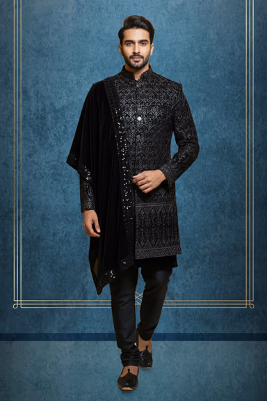 Contemporary Black Sherwani Adorned With Intricate Silver Geometric Thread Work Arranged In A Structured… — view 1 of 2