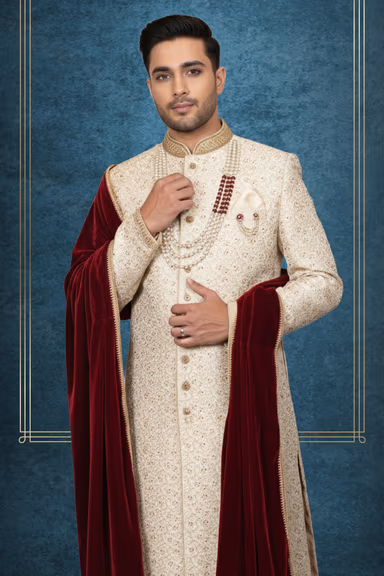 Cream and Gloden Embroidered Sherwani with Maroon Velvet Stole — view 2 of 2