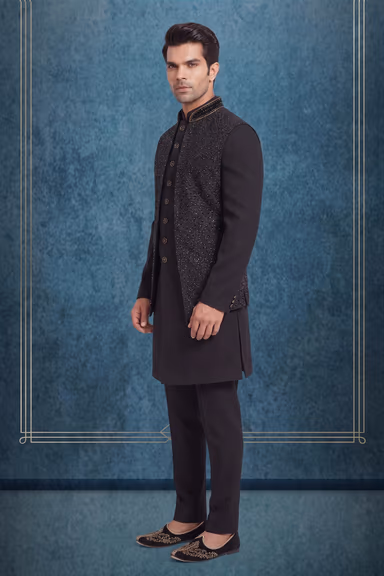 Black  Embellished Nehru Jacket and Gold Detailing Sherwani — view 3 of 3