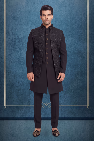 Black  Embellished Nehru Jacket and Gold Detailing Sherwani — view 1 of 3