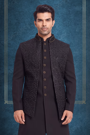 Black  Embellished Nehru Jacket and Gold Detailing Sherwani — view 2 of 3