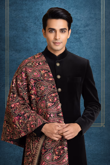 Exquisite Black Velvet Sherwani Featuring Vintage Metallic Buttons Paired With A Luxurious Intricately… — view 2 of 2