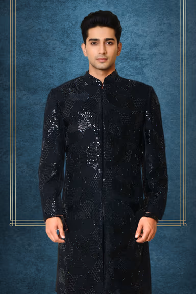 Stunning Black Sherwani Featured With Intricate Sequins And Beadwork. Its Long Silhouette Is Accented By A… — view 2 of 2