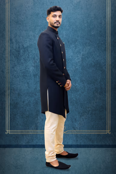Classic Black Sherwani with Golden Churidar — view 3 of 3