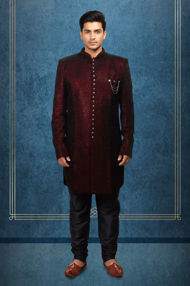 Maroon Grooms Sherwani  With Golden Embellished Buttons — view 1 of 2