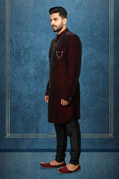 Maroon Grooms Sherwani  With Golden Embellished Buttons — view 2 of 2