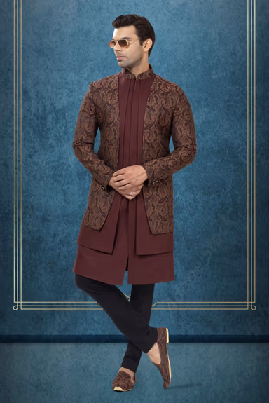 Maroon Silk Kurta  with Brown Paisley Brocade  Indo-Western Sherwani — view 3 of 6