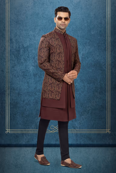 Maroon Silk Kurta  with Brown Paisley Brocade  Indo-Western Sherwani — view 2 of 6