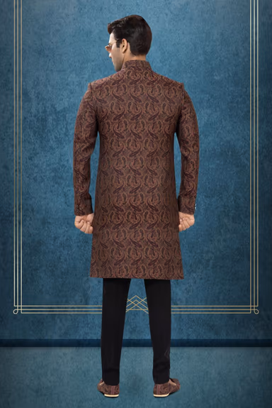 Maroon Silk Kurta  with Brown Paisley Brocade  Indo-Western Sherwani — view 5 of 6