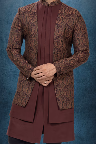 Maroon Silk Kurta  with Brown Paisley Brocade  Indo-Western Sherwani — view 4 of 6