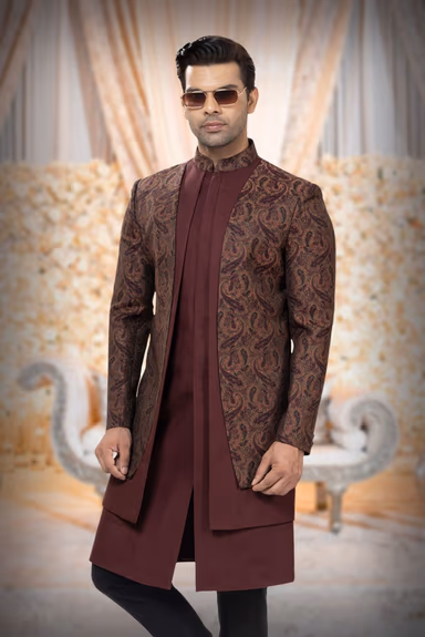 Maroon Silk Kurta  with Brown Paisley Brocade  Indo-Western Sherwani — view 6 of 6