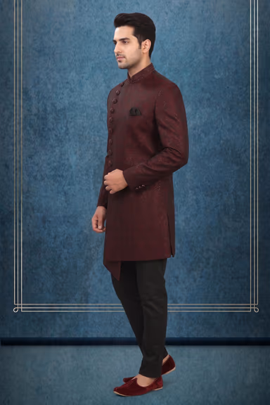Maroon Textured Indo-Western Sherwani with Asymmetric Cut — view 3 of 3