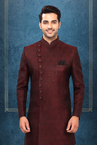Maroon Textured Indo-Western Sherwani with Asymmetric Cut — view 2 of 3