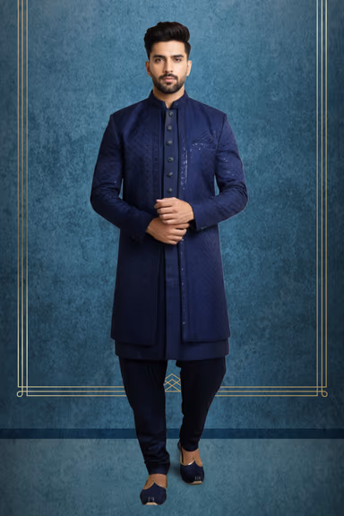Modern Navy Blue Sherwani Featuring A Subtle Textured Fabric Design And Bold Decorative Antique Metallic… — view 1 of 2