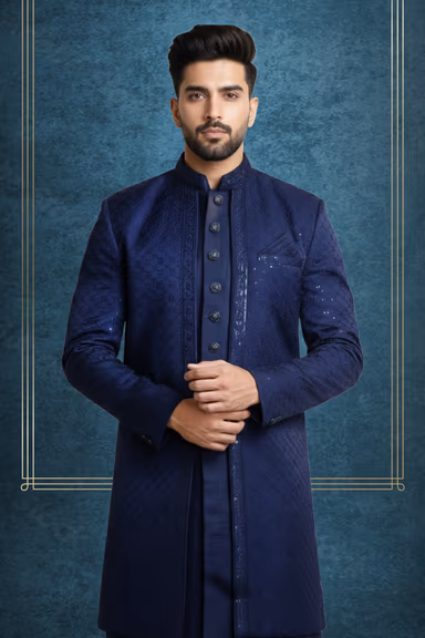 Modern Navy Blue Sherwani Featuring A Subtle Textured Fabric Design And Bold Decorative Antique Metallic… — view 2 of 2