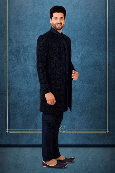 Navy Blue Jacquard Sherwani — view 6 of 6